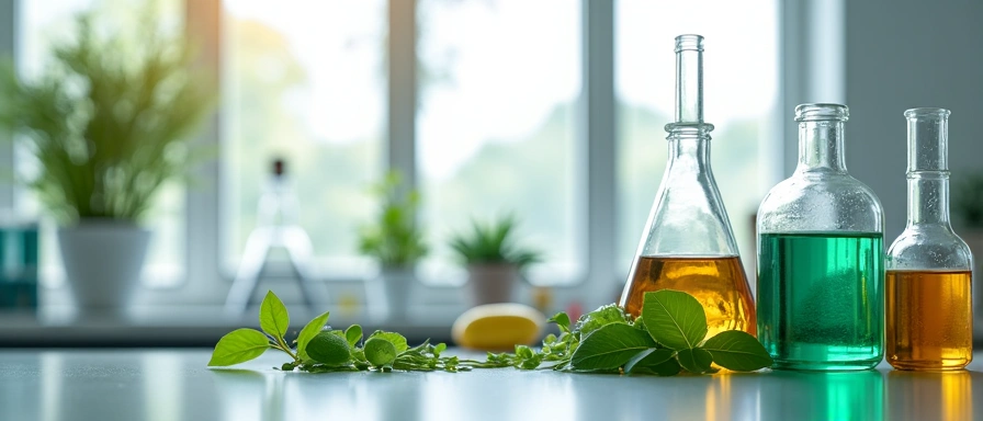 Imagine a unui laborator curat cu elemente naturale, precum frunze și eprubete, simbolizând îmbinarea științei cu natura în dezvoltarea produselor GlucoNaturd.